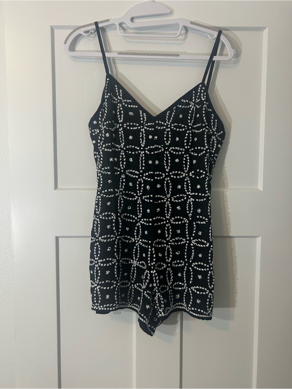 NBD Black Romper with White Geometric beaded Print